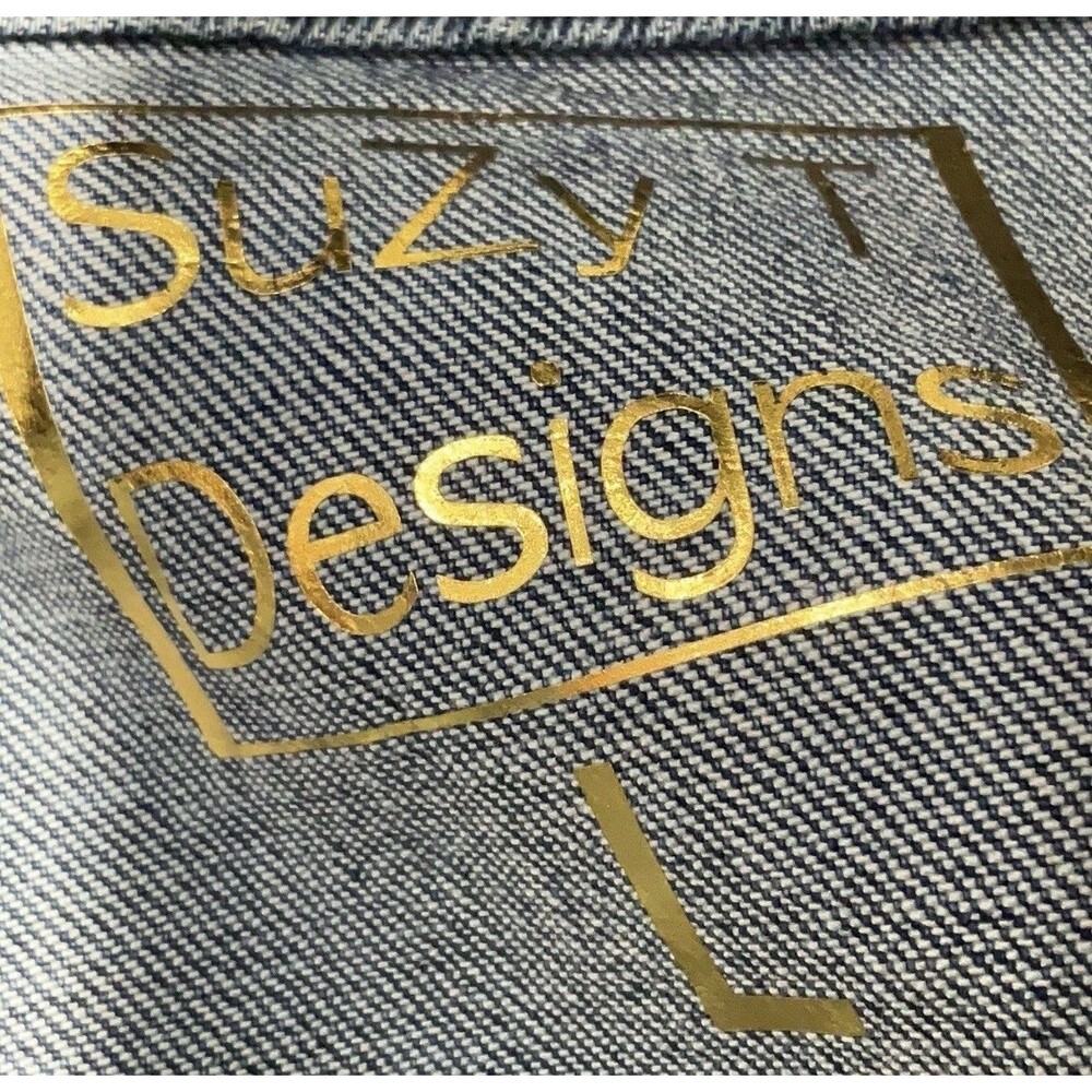 Suzy T Designs Sz L Lace Back Denim Jacket Blue Statement Couture Floral Boho - Picture 3 of 16